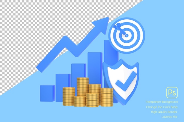 3d blue rising arrow profit bar graph and shield with multiple arrangements of coins