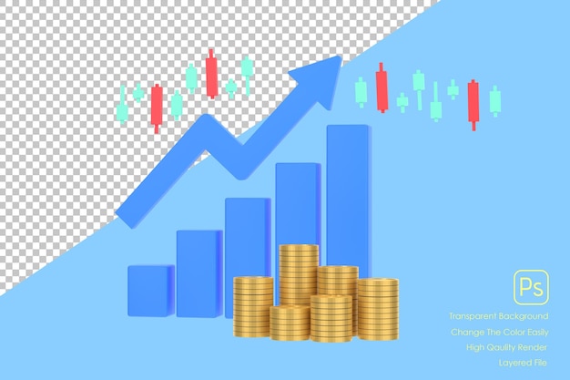 3D Blue rising arrow profit bar graph and shield with multiple arrangements of coins