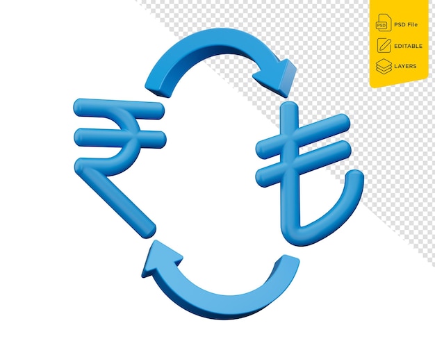 PSD 3d blue rupee и lira символ иконы с деньгами обмен стрел на изолированном фоне