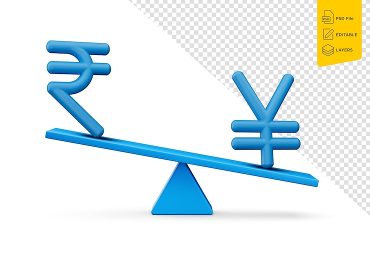 PSD 3d blue rupee and yen symbol icons with 3d blue balance weight seesaw 3d illustration