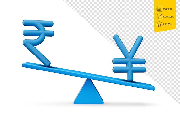 PSD 3d blue rupee and yen symbol icons with 3d blue balance weight seesaw 3d illustration