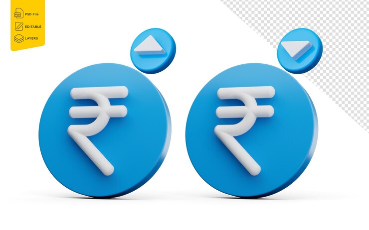 PSD 3d blue shiny indian rupee symbol increase and decrease icon on white background 3d illustration