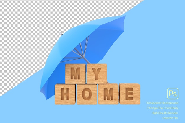 3D blue umbrella protecting home for house insurance concept