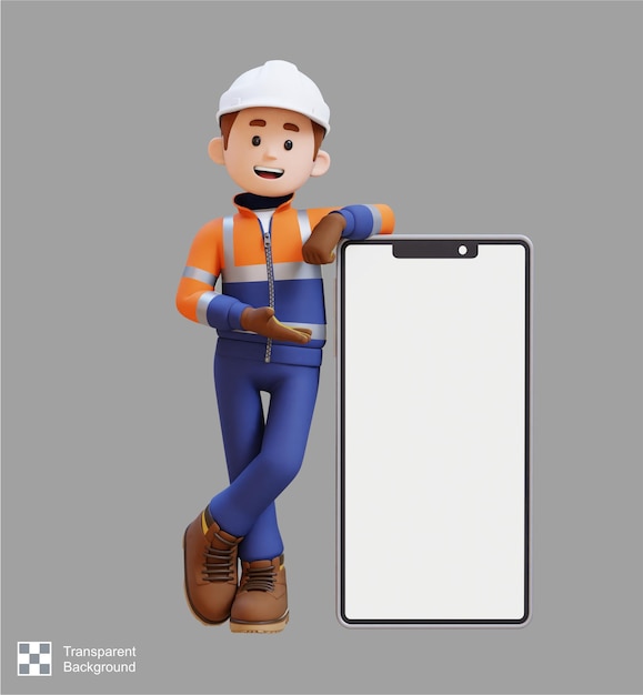 3D bouwvakker personage presenteren en liggen op grote lege telefoon scherm