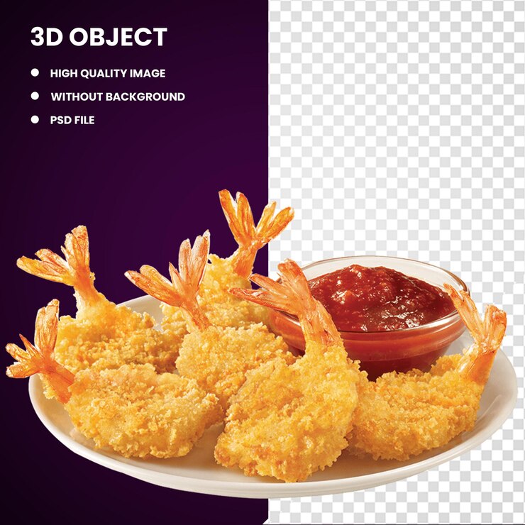 3d Bowl of fried foods with red dip Fried shrimp