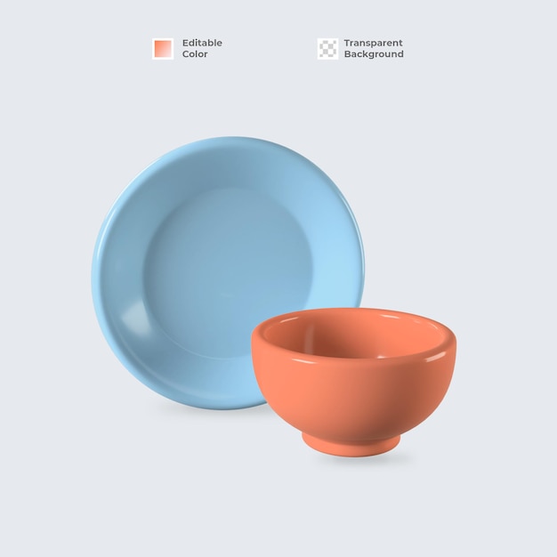 3d bowl and plate icon render isolated