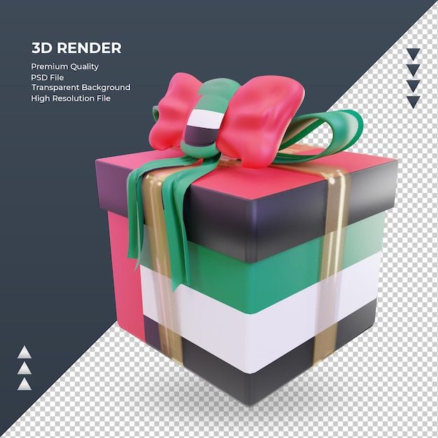 3d box regalo bandiera degli emirati arabi uniti rendering vista a destra