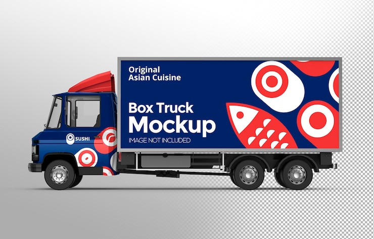 PSD 3d box truck mockup zijaanzicht geïsoleerd