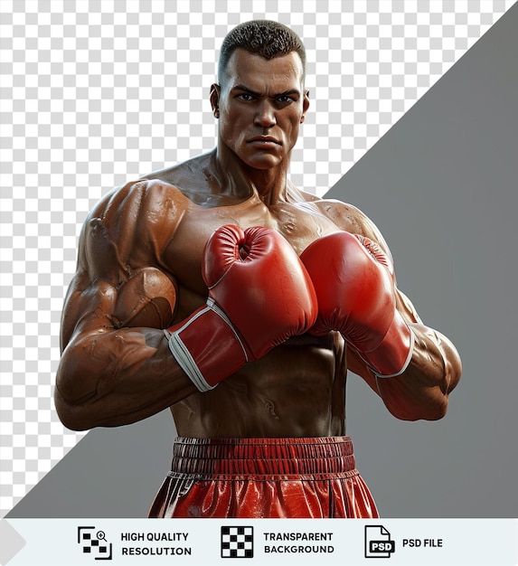 3d boxer in the ring with short brown hair a large nose and a closed mouth wearing a red glove and with a small ear visible