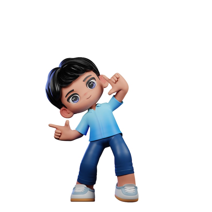 PSD 3d boy blue shirt pointing right pose