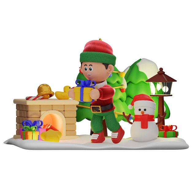 3d мальчик персонаж рождества бегает с подарком позу