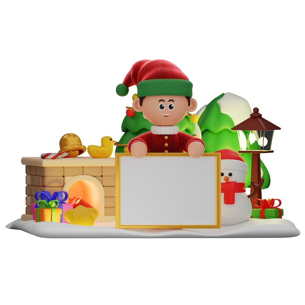 PSD 3d boy character christmas standing behind whiteboard pose