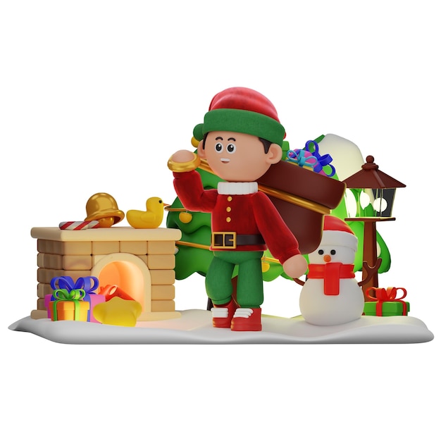 3d boy character christmas with a sack of gifs pose