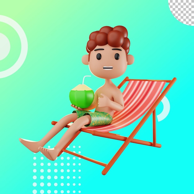 Il ragazzo 3d beve l'acqua di cocco sull'illustrazione della spiaggia