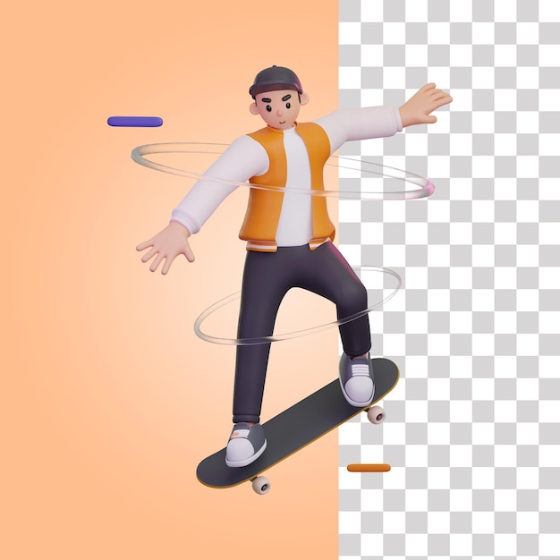 3d boy playing skateboard using metaverse illustration