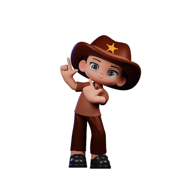 3d boy sheriff pointing up pose