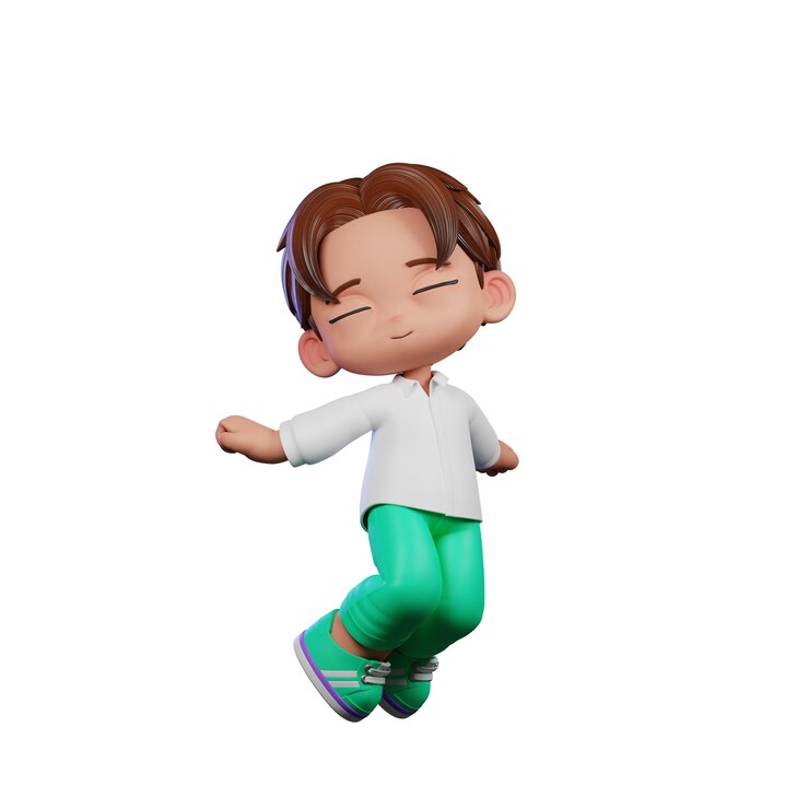 PSD 3d boy white green long shirt jumping air pose