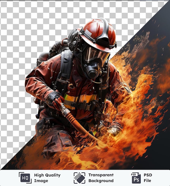 PSD 3d-brandweerman vecht moedig tegen een brand met een rode helm en een zwarte riem met een zwarte poster op de achtergrond