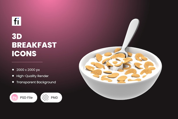 3D Breakfast Meal Illustration Cereal with Milk