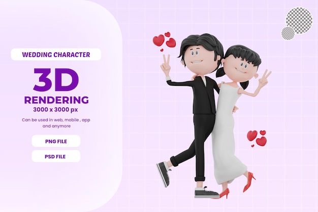 PSD 3d bride and groom character are very happy illustration premium psd