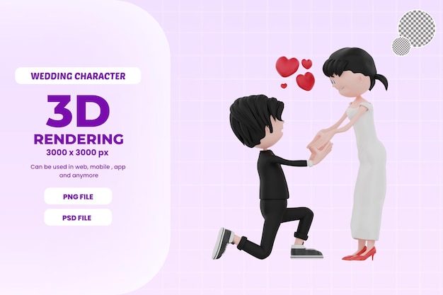 PSD 3d bride and groom character are wedding pose premium psd