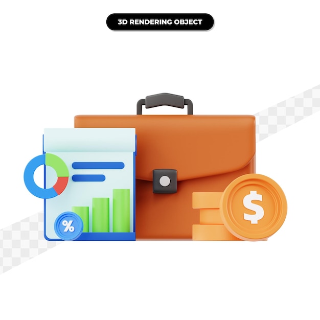 3d briefcase coins and statistic illustration