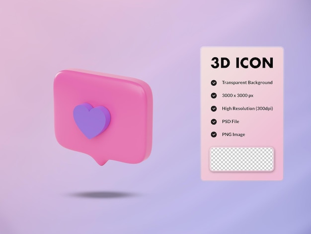 Icona di discorso bolla 3d con segno di amore. illustrazione di rendering 3d