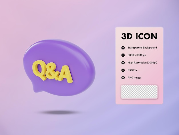 Q N A 기호가 있는 3d 거품 음성 아이콘. 3d 렌더링 그림