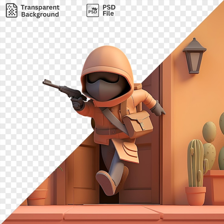 PSD 3d burglar cartoon breaking into a house surrounded by a colorful array of objects including an orange pot green cactus pink and orange flowers a white helmet and a