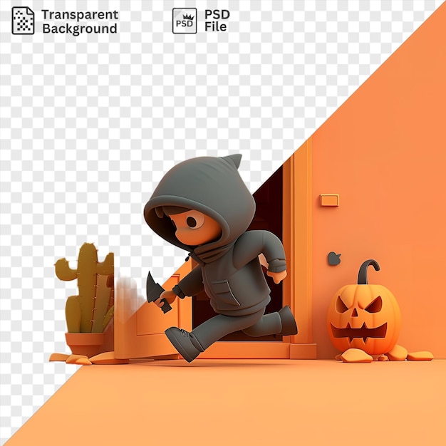 PSD 3d burglar cartoon breaking into a house with pumpkins