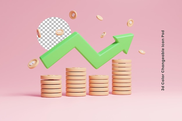 PSD 3d business growth up icon with flying coin or 3d business investment growth up coin with money