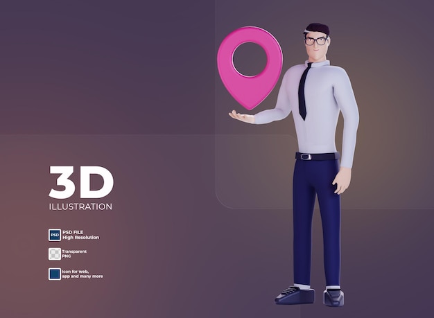PSD 3d business man holding location icon