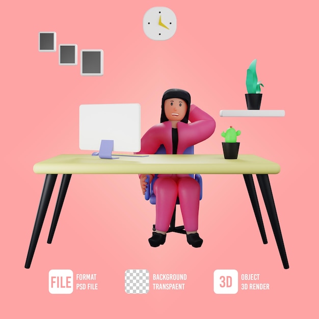 PSD 3d business woman character again thinking in office room