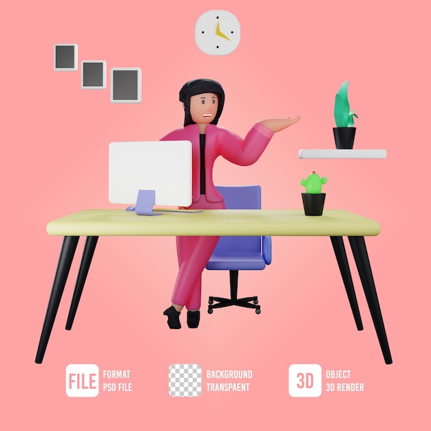 PSD 3d business woman character holding pose in office room