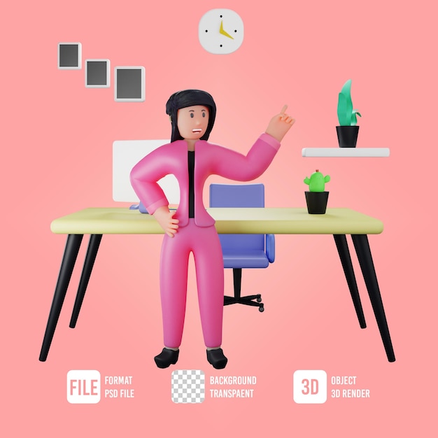 PSD 3d business woman character pointing up pose in office room