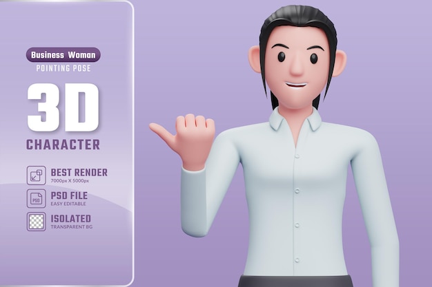 3d business woman pointing with thumb aside looking at the camera 3d render business woman character illustration