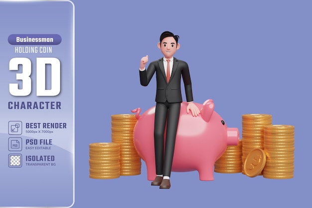 3d businessman in black formal suit sitting on pig piggy bank and celebrating clenching hands