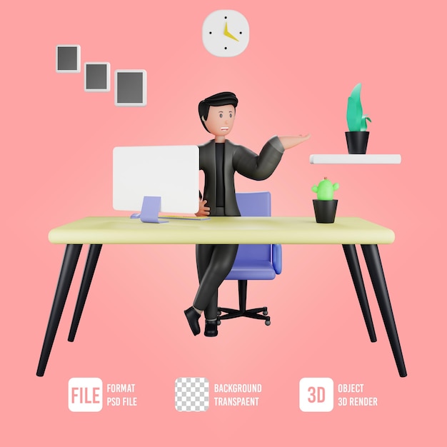 3d businessman character holding pose in office room
