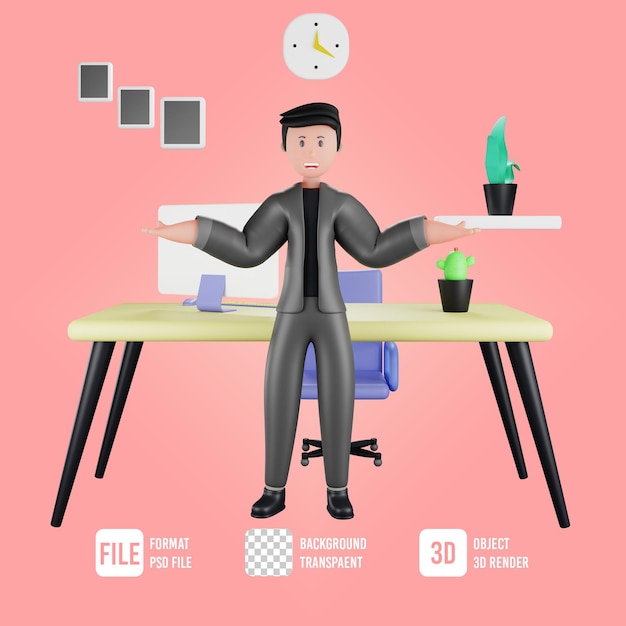 PSD 3d businessman character holding two hands pose in office room
