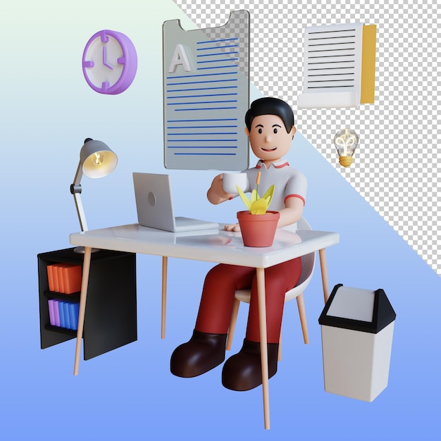 3D Businessman Character Illustration Working With Laptop in Office Premium PSD