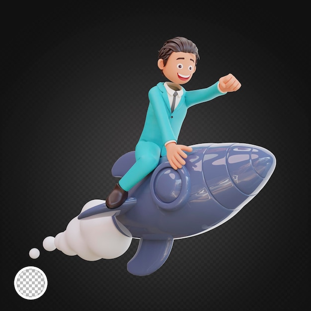 PSD 3d businessman character is flying on a rocket
