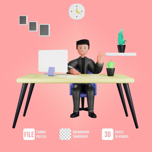 PSD 3d businessman character showing peace sign in office room