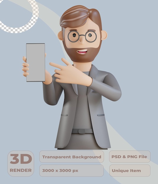 3d businessman character showing phone