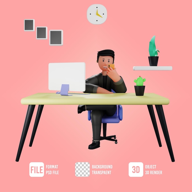 PSD 3d персонаж бизнесмена сидит на стуле и играет на мобильном телефоне в офисной комнате