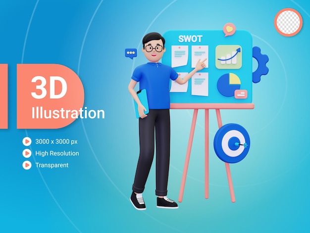 PSD 3d businessman doing online analyzing illustration