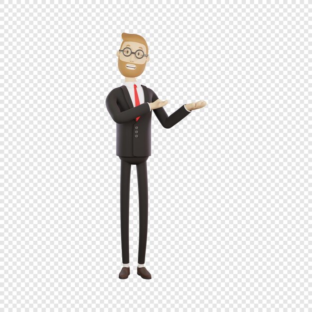 3d businessman in glasses demonstrates something shows isolated 3d character