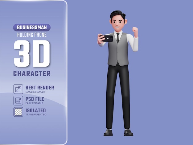 3d businessman in grey vest celebrating while looking at the phone screen