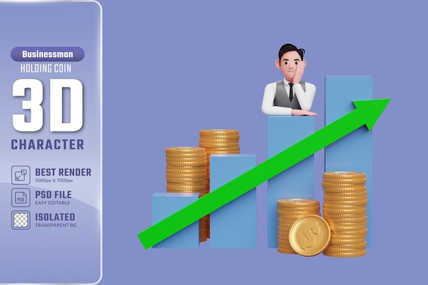 Uomo d'affari 3d in giubbotto grigio che mette il mento in mano mentre si appoggia sul grafico a barre crescita delle scorte