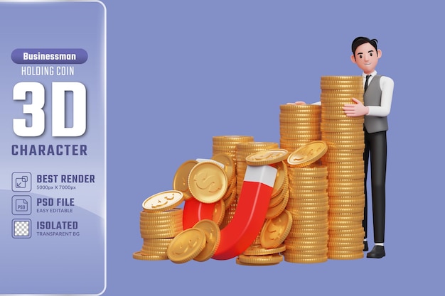 3d businessman in grey vest standing hugging pile of gold coins caught by magnet