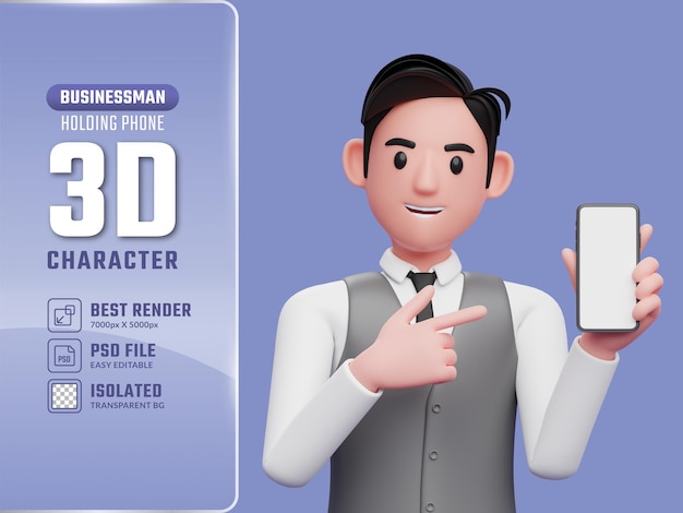 携帯電話の画面を押しながら指している灰色のオフィス ベストの 3 d ビジネスマン